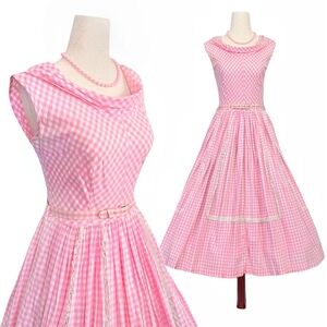 1950s Vintage Dress Belt Set 50s Barbie Pink Gingham Checkered Summer XS Small
